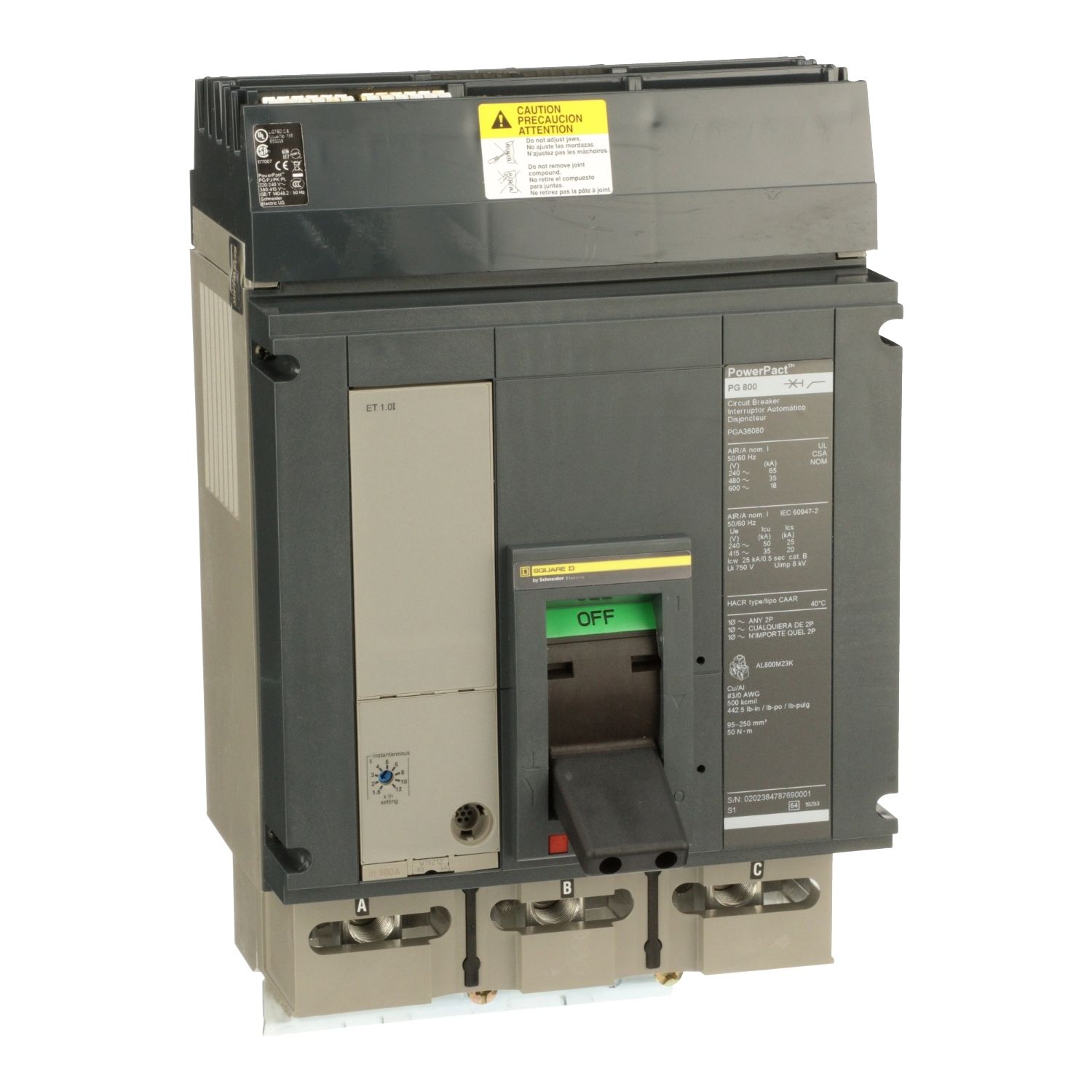 Picture of Circuit breaker, PowerPacT P, 800A, 3 pole, 600VAC, 18kA, I-Line, ET1.0l, 80%, ABC