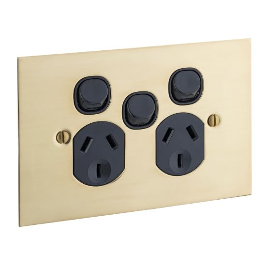 Picture of Twin Switch Socket Outlet, Metal Plate Series, 250V, 10A, BBSL Style, Flat Plate, Rmvb Extra Switch