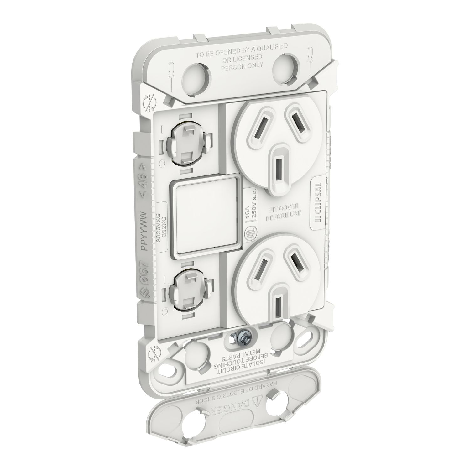 Picture of Double Switch Power Point Grid with 1 extra switch, Clipsal Iconic, Vertical Mount, 250V, 10A, Less Mechanism