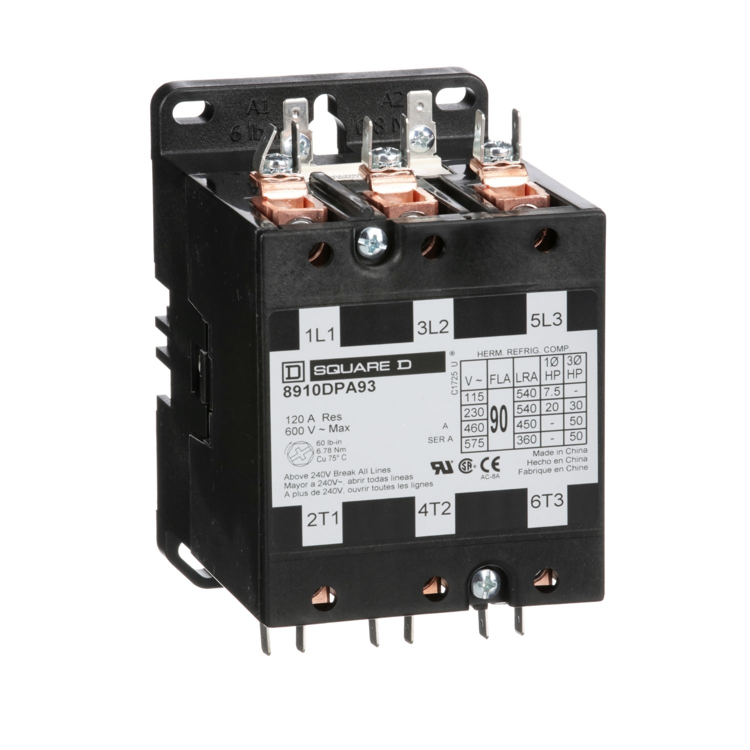 Picture of Contactor, Definite Purpose, 90A, 3 pole, 50HP at 575VAC, 3 phase, 110/120VAC 50/60Hz coil, open