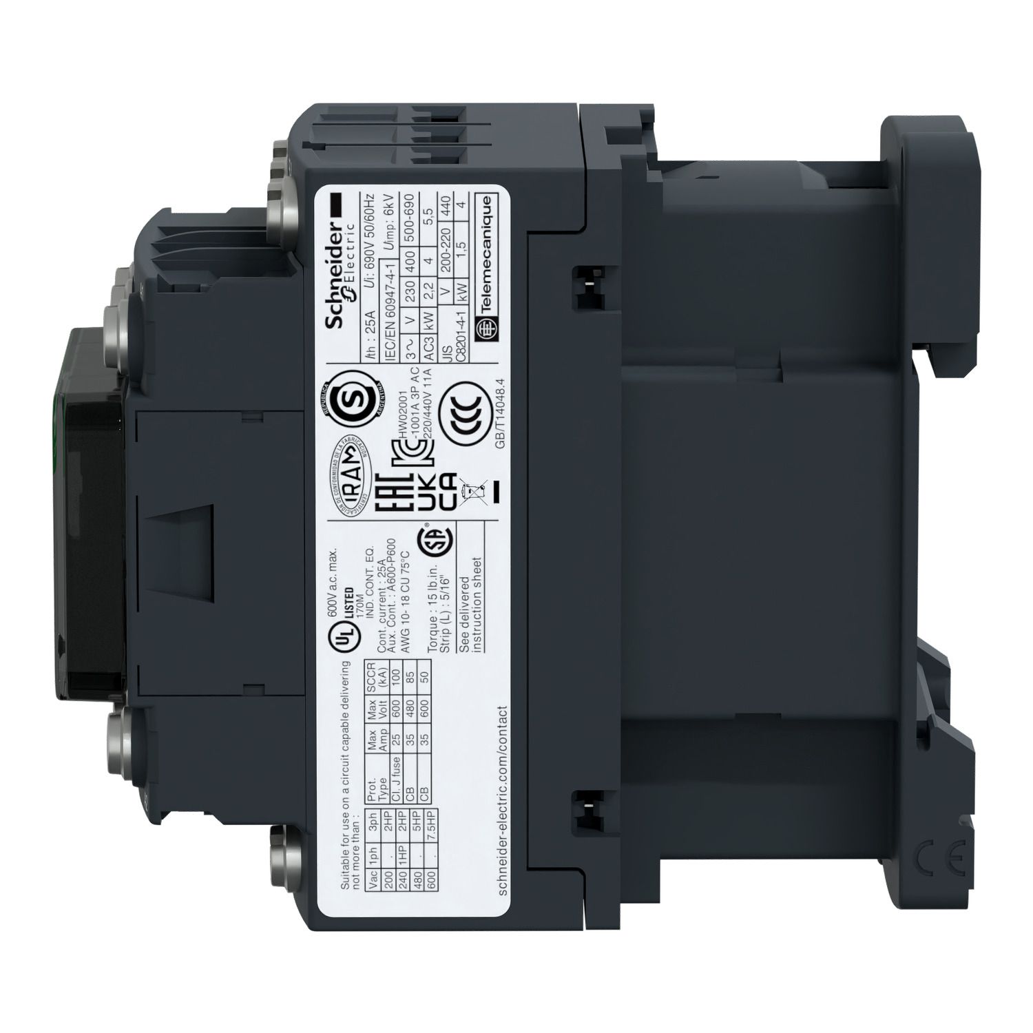 Picture of Contactor, TeSys Deca, 3P(3NO), AC-3/AC-3e, <=440V, 9A, 120V AC 50/60Hz coil, lugs-ring terminals