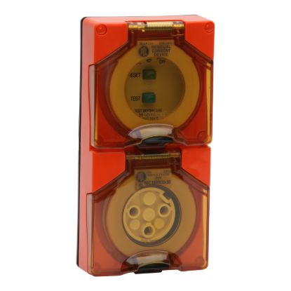 Picture of RCD Protected Socket, 20A, 240V, 3-Round Pin, 2-Gang, Resis Orange