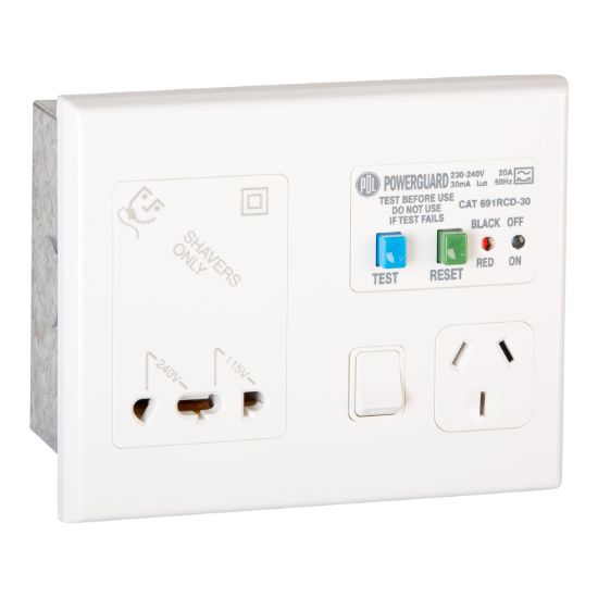 Picture of RCD Protected Shaver Socket Outlet; 10A, 240VAC, 30mA Trip, White