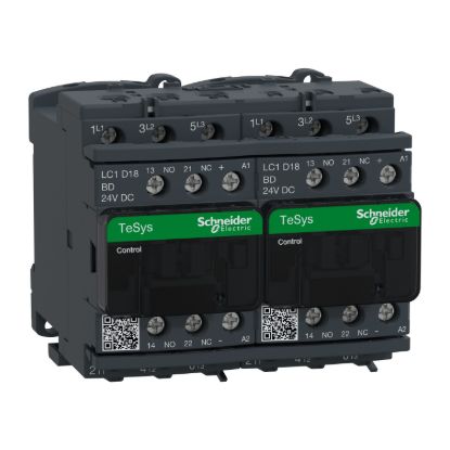 Picture of Reversing Contactor, TeSys Deca, 3P(3NO), AC-3, <=440V, 18A, 24V DC coil, with electrical interlocking, screw clamp terminals
