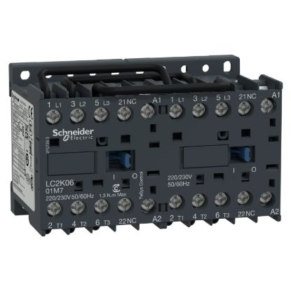 Picture of reversing Contactor, TeSys K, 3P, AC-3/AC-3e,440V 6A, 1NC, 24V AC coil, screw clamp terminals