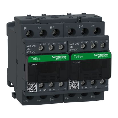 Picture of Reversing Contactor, TeSys Deca, 3P(3NO), AC-3, <=440V, 32A, 24V DC coil, with electrical interlocking, screw clamp terminals