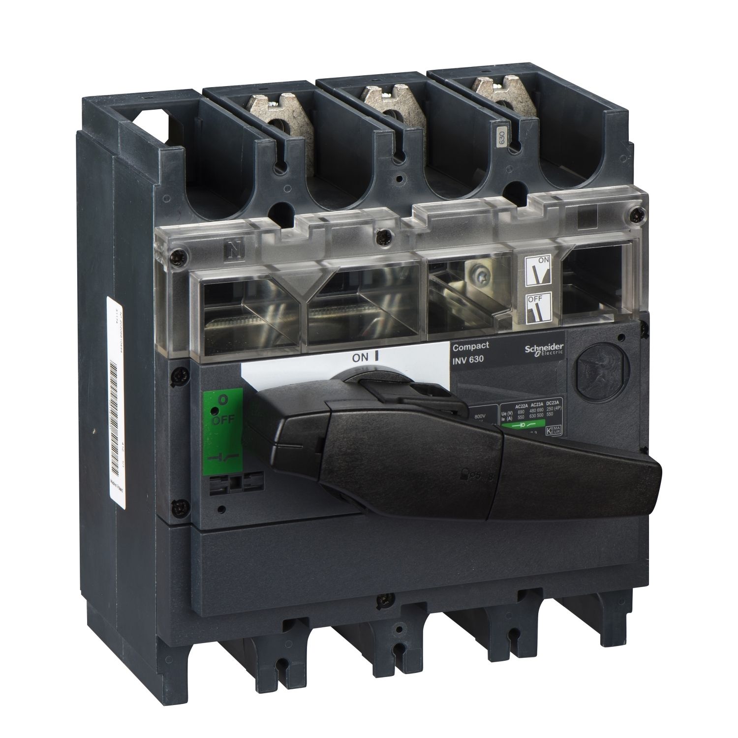 Picture of switch disconnector, Compact INV630, visible break, 630A, standard version with black rotary handle, 3 poles