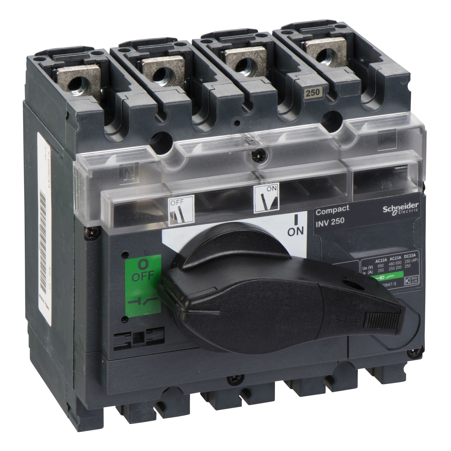 Picture of switch disconnector, Compact INV250, visible break, 250A, standard version with black rotary handle, 4 poles