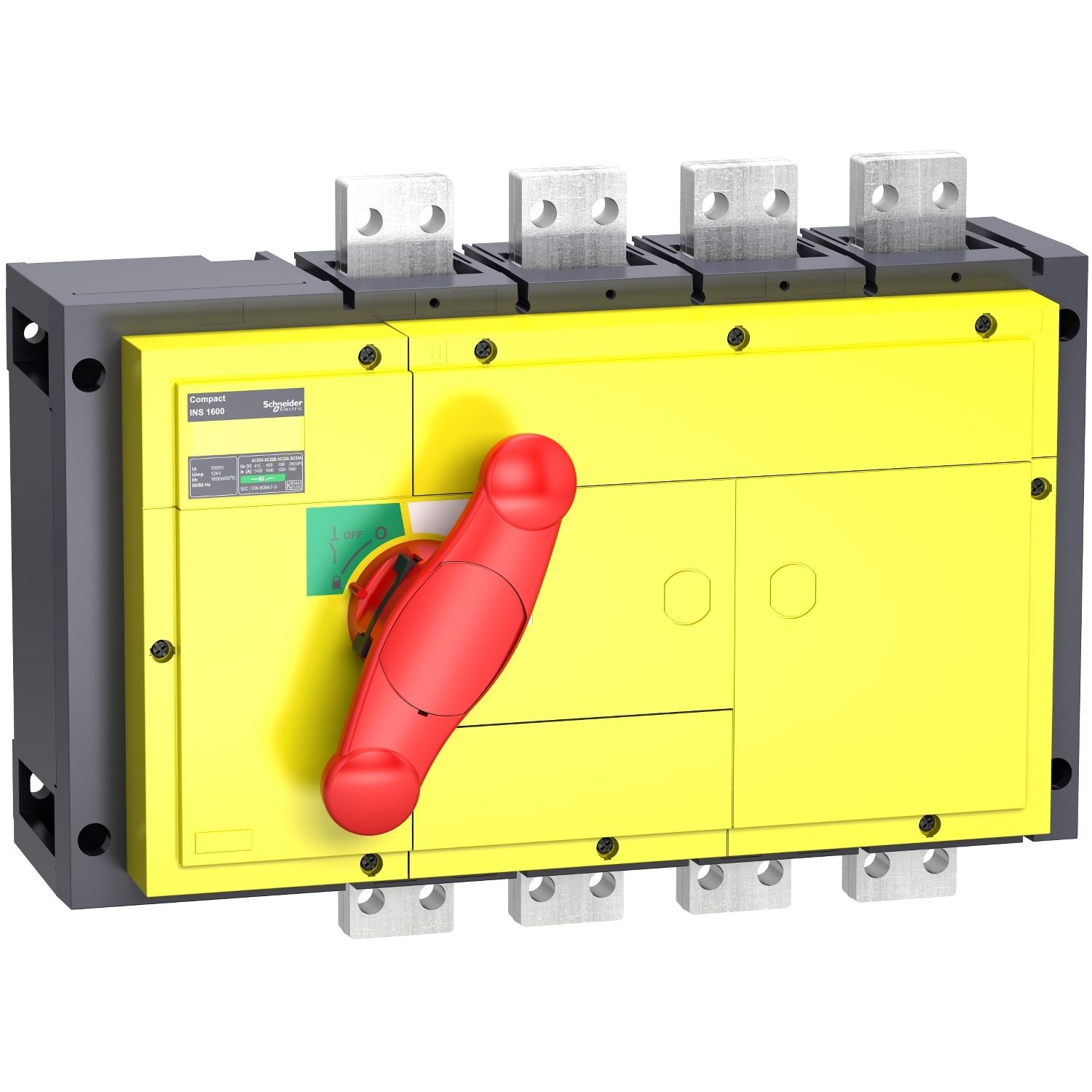 Picture of switch disconnector, Compact INS1250, 1250A, with red rotary handle, yellow front, 4 poles