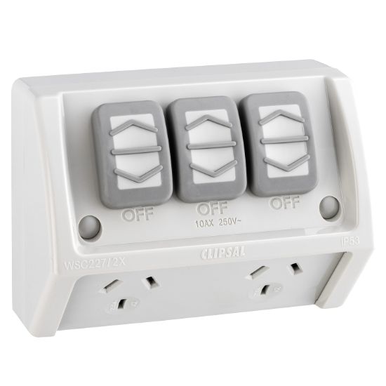 Picture of Switched Socket, Weathershield, Twin, Flush Mounting, 10A, 250V, with Extra Switch