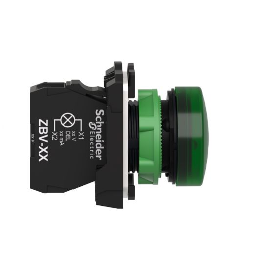 Picture of Pilot light, Harmony XB5, grey plastic, green, 22mm, universal LED, plain lens, 230...240V AC