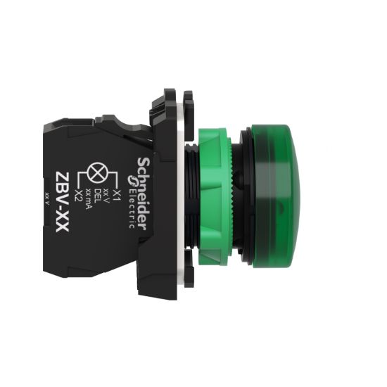 Picture of Pilot light, Harmony XB5, grey plastic, green, 22mm, universal LED, plain lens, 24V AC DC