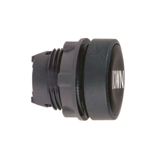 Picture of Head for non illuminated push button, Harmony XB5, black flush, 22mm, spring return, white marked DOWN