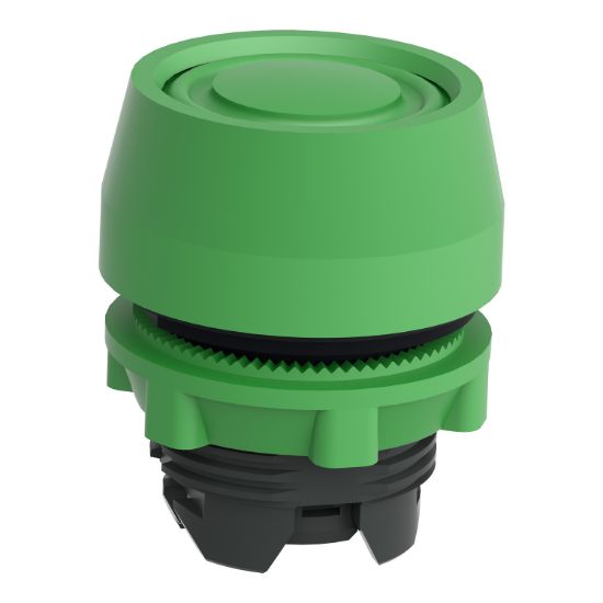 Picture of Push button head, Harmony XB5, plastic, flush, green, 22mm, spring return, coloured boot, unmarked