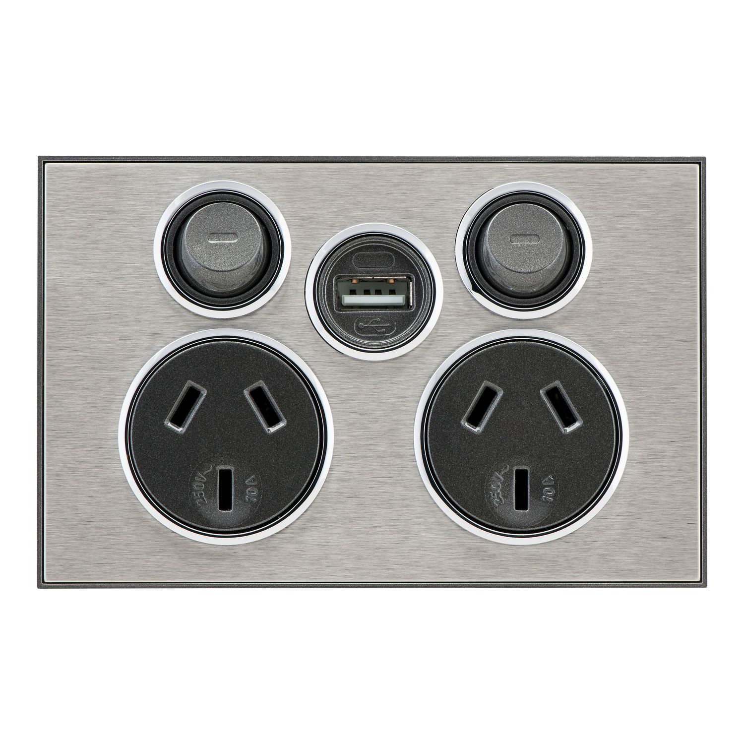 Picture of Socket Outlet, Saturn Series, Twin switched, Assembled, Single USB charger, Horizontal, 240 V, 10 A