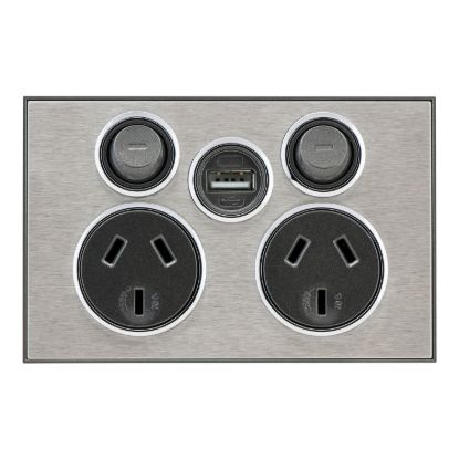 Picture of Socket Outlet, Saturn Series, Twin switched, Assembled, Single USB charger, Horizontal, 240 V, 10 A