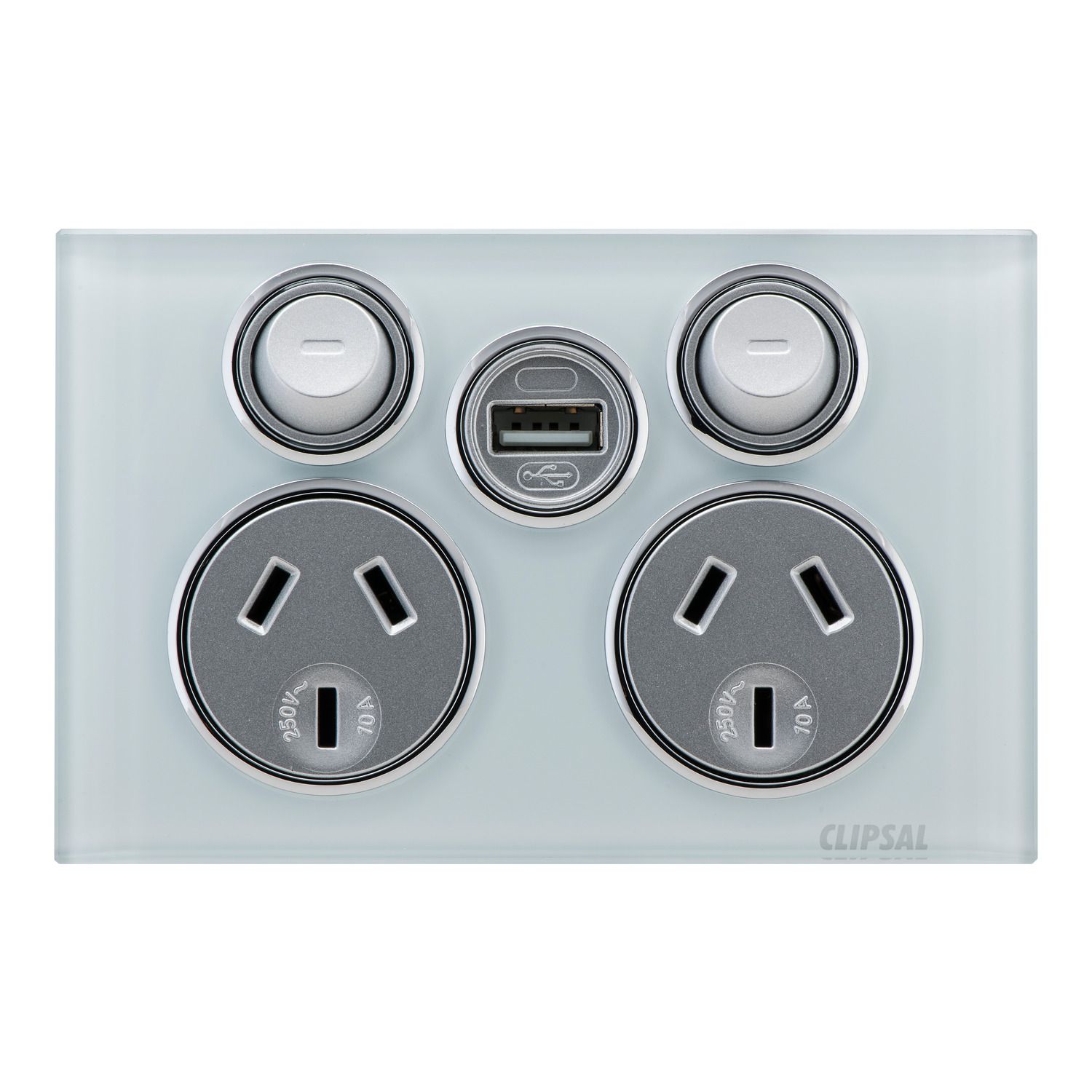 Picture of Socket Outlet, Saturn Series, Twin switched, Assembled, Single USB charger, Horizontal, 240 V, 10 A
