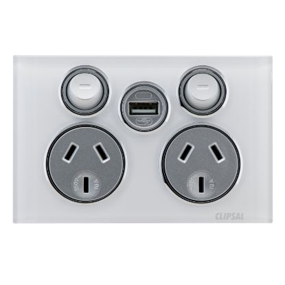 Picture of Socket Outlet, Saturn Series, Twin switched, Assembled, Single USB charger, Horizontal, 240 V, 10 A