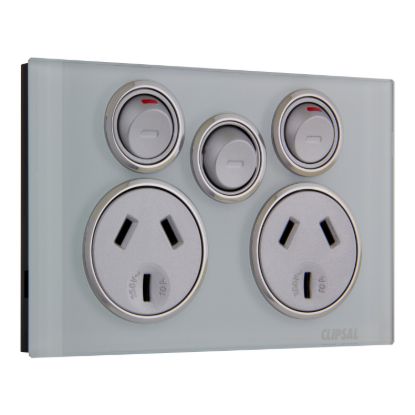 Picture of Twin Switched Socket Outlet, Saturn Series, 250V, 10A with Extra Switch