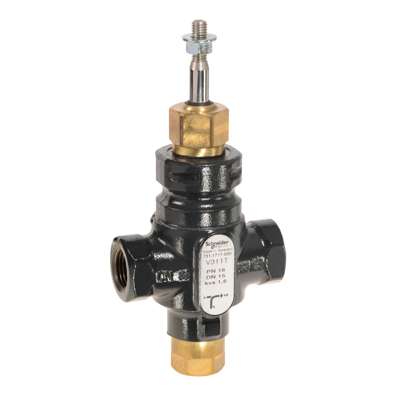 Picture of Venta V311T Globe Valve, 3-Way, PN16, Rp 1/2 Internal Thread, DN15, 1.6 Kvs, Nodular Iron, Brass plug.