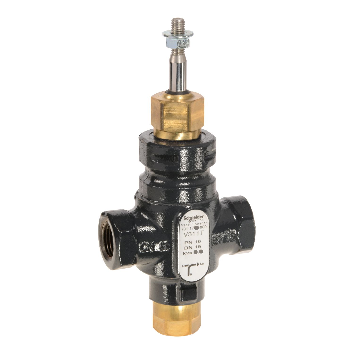 Picture of Venta V311T Globe Valve, 3-Way, PN16, Rp 1/2 Internal Thread, DN15, 2.5 Kvs, Nodular Iron, Brass plug.