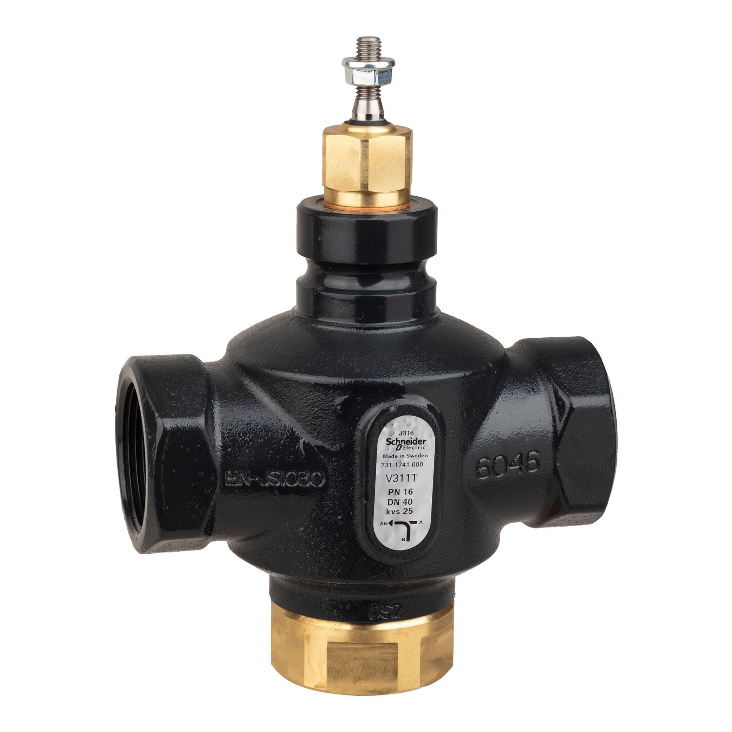 Picture of Venta V311T Globe Valve, 3-Way, PN16, Rp 1 1/2 Internal Thread, DN40, 25 Kvs, Nodular Iron, Brass plug.