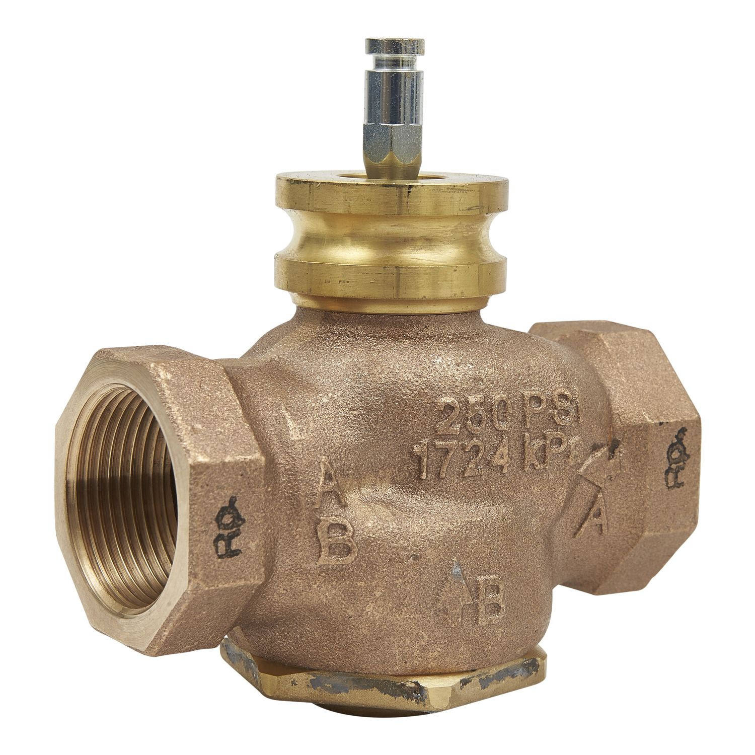 Picture of VG310R Globe Valve, 3-Way, DN32, Rp 1-1/4 Internal Thread, Brass Trim, PTFE Seat Seal, Kvs 17 mÂ³/h, Stem Up Closed A-AB.