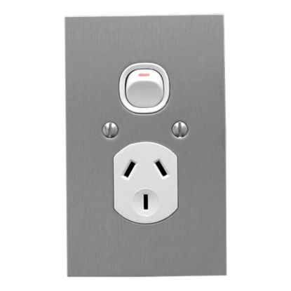 Picture of Single Switch Socket Outlet, Metal Plate Series, 250V, 10A, B Style, Flat Plate, Vertical