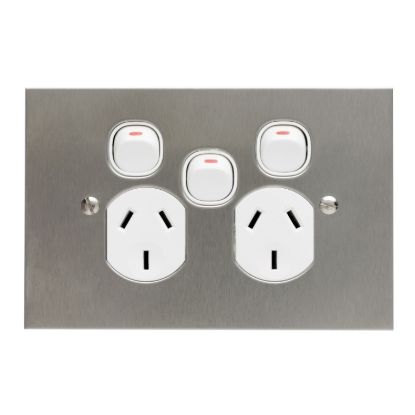 Picture of Twin Switch Socket Outlet, Metal Plate Series, 250V, 10A, BSL Style, Removable Extra Switch