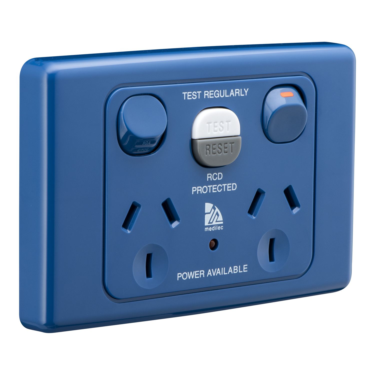 Picture of RCD Protected Medilec, Medilec, Twin Switch Socket Outlet, 250V, 10A, 1 Pole, Horizontal, 10mA RCD