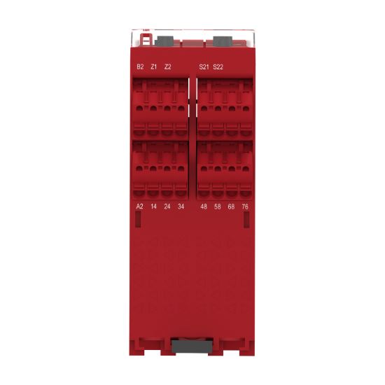 Picture of safety module, Harmony XPSU, Cat4, features XPSUAK with delayed outputs, 24V AC or DC, spring