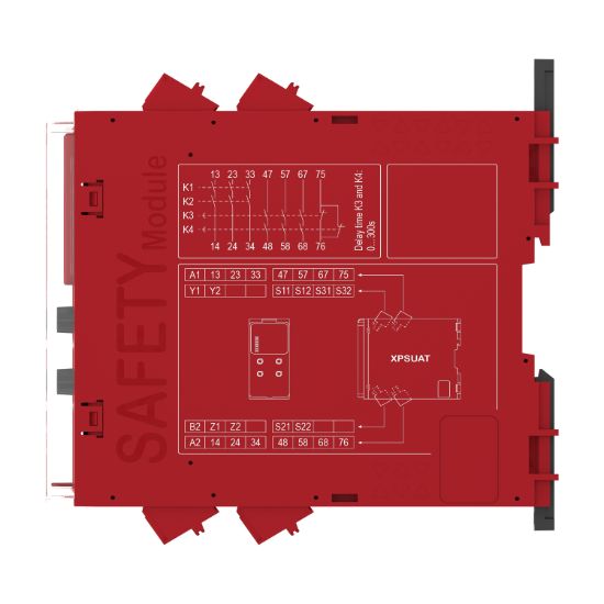 Picture of safety module, Harmony XPSU, Cat4, features XPSUAK with delayed outputs, 24V AC or DC, spring