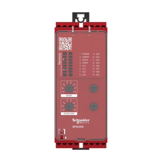 Picture of safety module, Harmony XPSU, Cat 4, features 6 x XPSUAF, 24V AC or DC, screw