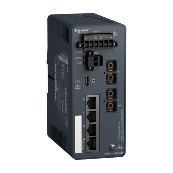 Picture of network switch, Modicon Networking, managed, 4 ports for copper with 2 port for fiber optic, singlemode
