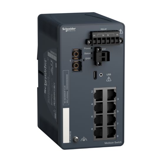 Picture of network switch, Modicon Networking, managed, 8 ports for copper with 1 port for fiber optic, multimode