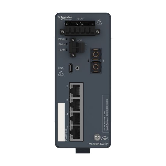 Picture of network switch, Modicon Networking, managed, 4 ports for copper with 1 port for fiber optic, multimode