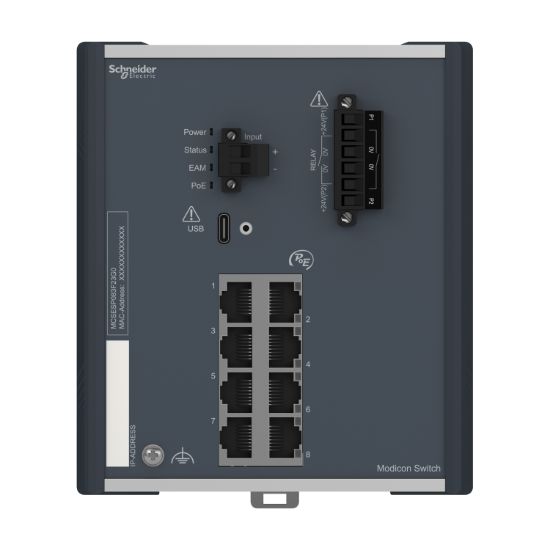 Picture of network switch, Modicon Networking, PoE power over Ethernet, managed, 8Gigabit ports for copper
