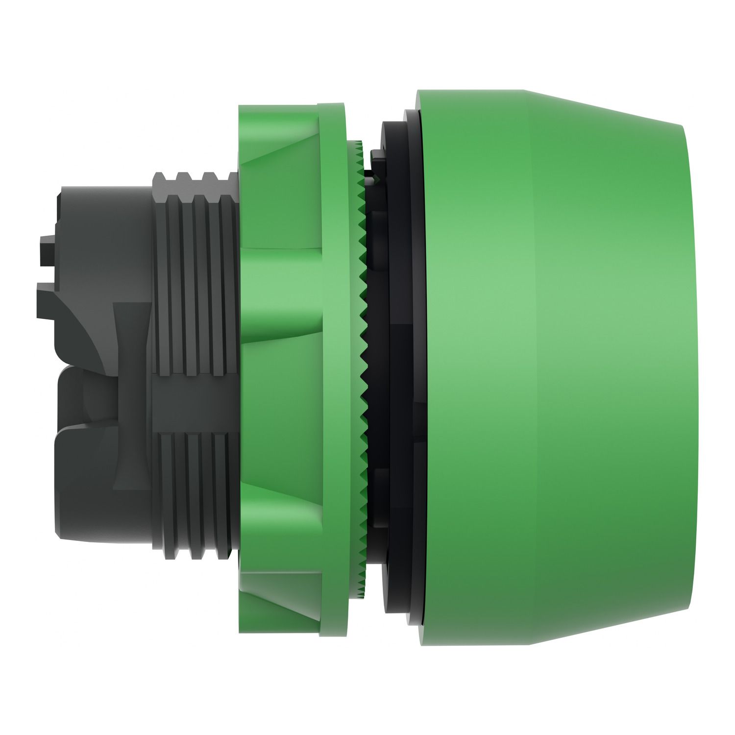 Picture of Push button head, Harmony XB5, plastic, flush, green, 22mm, spring return, coloured boot, unmarked