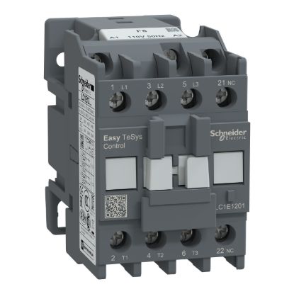 Picture of Contactor,Easy TeSys Control,LC1E,3P(3NO),AC-3,<=440V,12A,110V AC coil,50Hz,1NC auxiliary contact