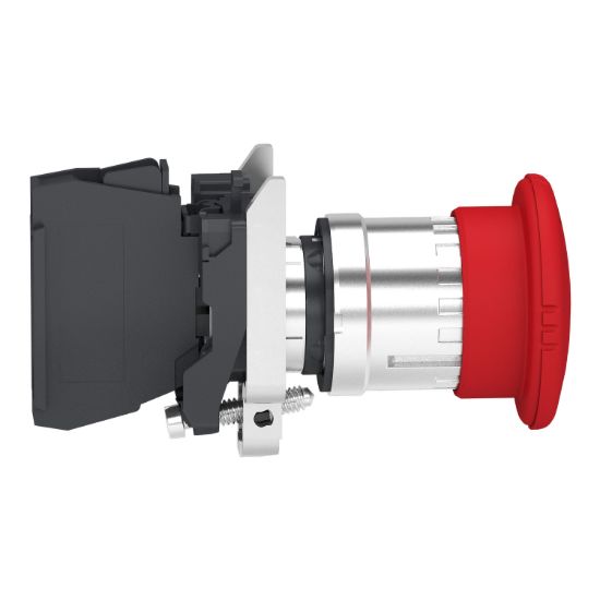 Picture of Emergency stop switching off, Harmony XB4, metal, red mushroom 40mm, 22mm, trigger latching turn to release, 1NC with monitoring