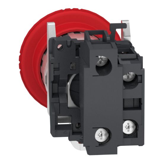 Picture of Emergency stop switching off, Harmony XB4, metal, red mushroom 40mm, 22mm, trigger latching turn to release, 2NC with monitoring