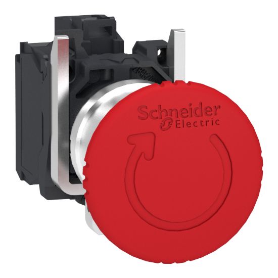 Picture of Emergency stop switching off, Harmony XB4, metal, red mushroom 40mm, 22mm, trigger latching turn to release, 2NC with monitoring