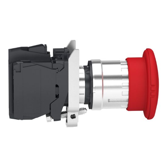Picture of Emergency stop switching off, Harmony XB4, metal, red mushroom 40mm, 22mm, trigger latching turn to release, 2NC with monitoring