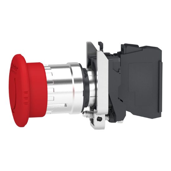 Picture of Emergency stop switching off, Harmony XB4, metal, red mushroom 40mm, 22mm, trigger latching turn to release, 2NC with monitoring