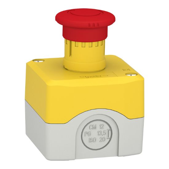 Picture of Control station, Harmony XALK, plastic, yellow lid, 1 red mushroom push button 40mm, turn to release, 1NC with monitoring, unmarked
