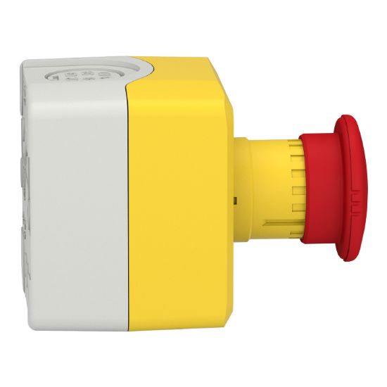 Picture of Control station, Harmony XALK, plastic, yellow lid, 1 red mushroom push button 40mm, turn to release, 1NC with monitoring, unmarked