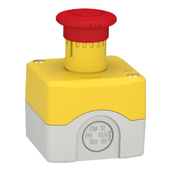 Picture of Control station, Harmony XALK, plastic, yellow lid, 1 red mushroom 40mm, turn to release, 1NC with monitoring, unmarked, UL/CSA certified