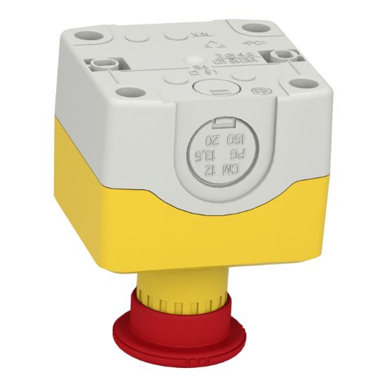 Picture of Control station, Harmony XALK, plastic, yellow lid, 1 red mushroom 40mm, turn to release, 1NC with monitoring, unmarked, UL/CSA certified