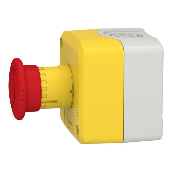 Picture of Control station, Harmony XALK, plastic, yellow lid, 1 red mushroom 40mm, turn to release, 1NC with monitoring, unmarked, UL/CSA certified