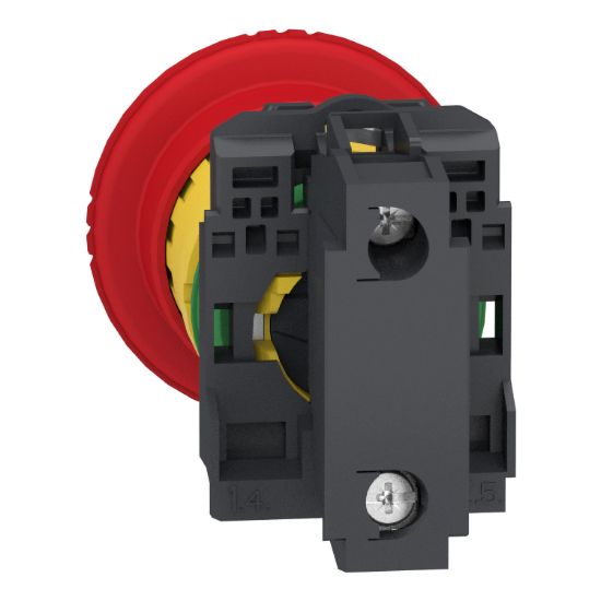 Picture of Emergency stop switching off, Harmony XB5, plastic, red mushroom 40mm, 22mm, trigger latching turn to release, 1NC with monitoring